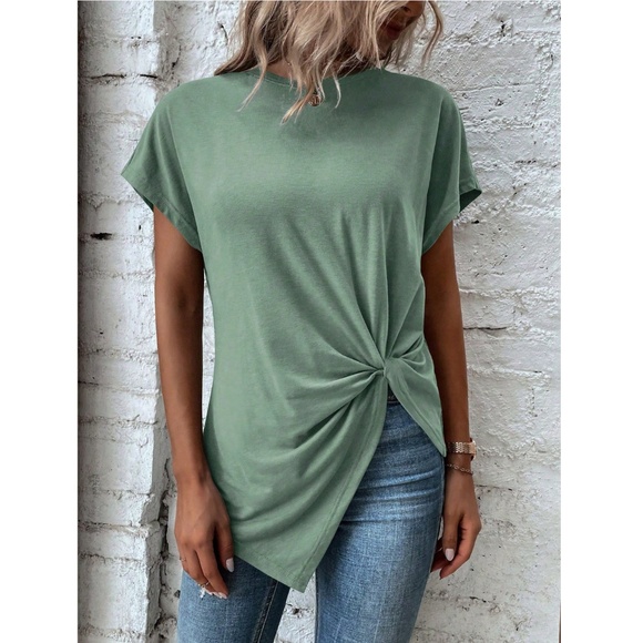 Twist Detail Green Tee Shirt Short Sleeve Round Neck - Picture 3 of 13